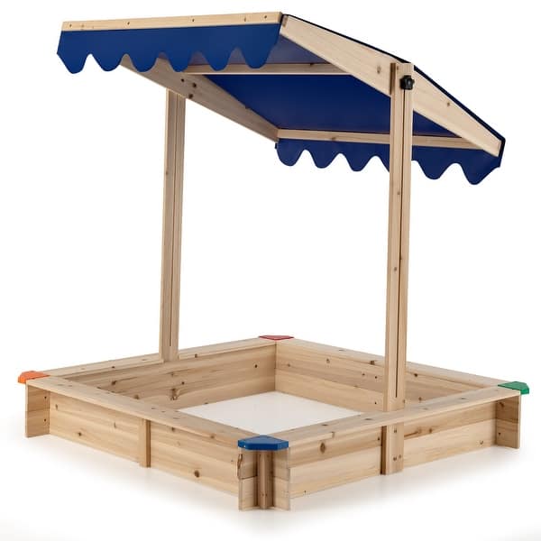 slide 2 of 6, Kids Wooden Sandbox with Height Adjustable & Rotatable Canopy Playset Natural