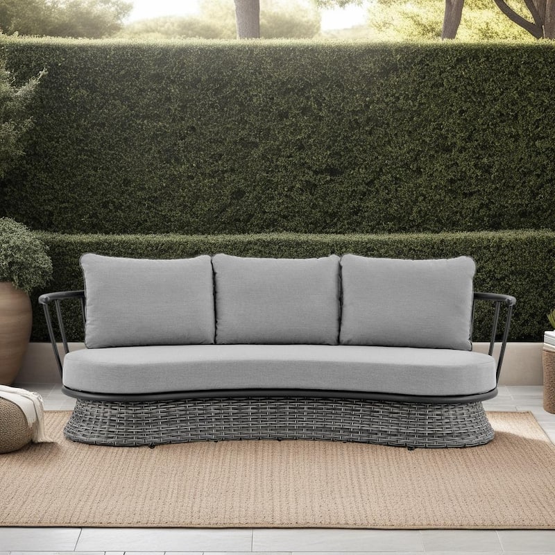 Giotto Gray Wicker and Aluminum Outdoor Curved Sofa with Cushions - Dark Gray