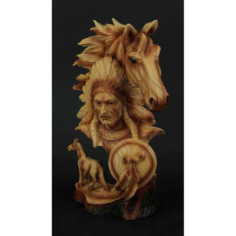 Western Horse And Native American Chief Carved Wood Look Bust Statue - 11.5 X 8.25 X 4.25 inches