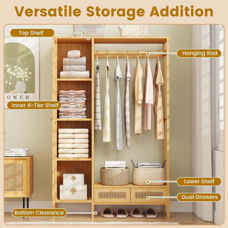 Bamboo Clothing Rack w/ Cabinet Hanging Rod Storage Shelf & Drawers