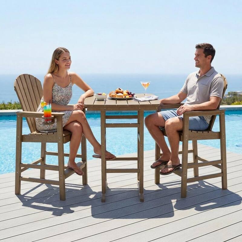 3-Piece HDPE Bar-Height Patio Set, 42.1" Square High Top Pub Table with Umbrella Hole + 2 Bar Stools with Cup Holders