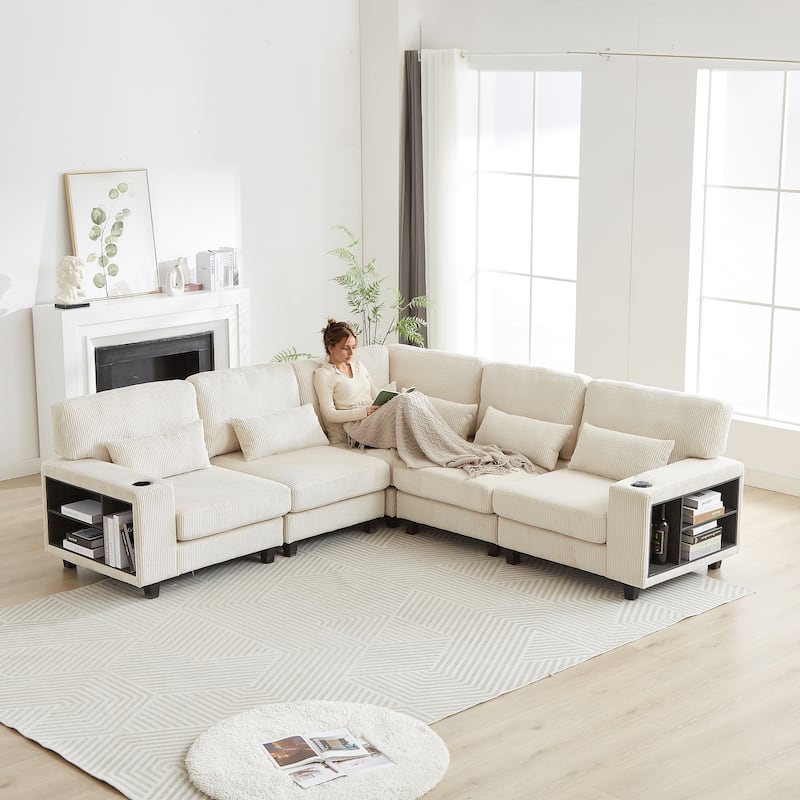 102.75" Corduroy L-Shaped Modular Sectional Sofa with Storage