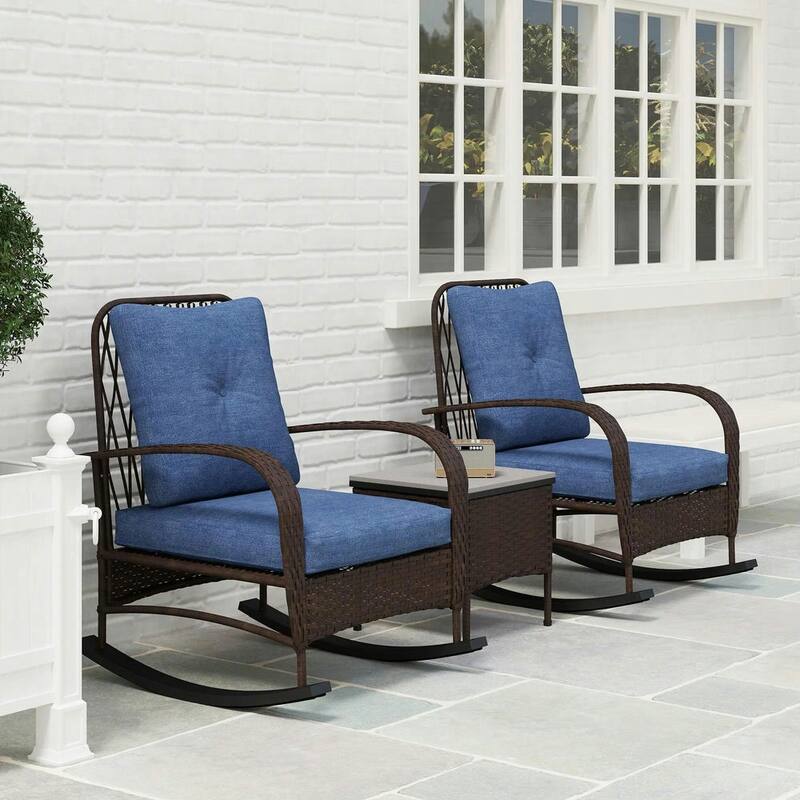 3-Piece Wicker Patio Set with Rocking Chairs, Glass-Top Coffee Table