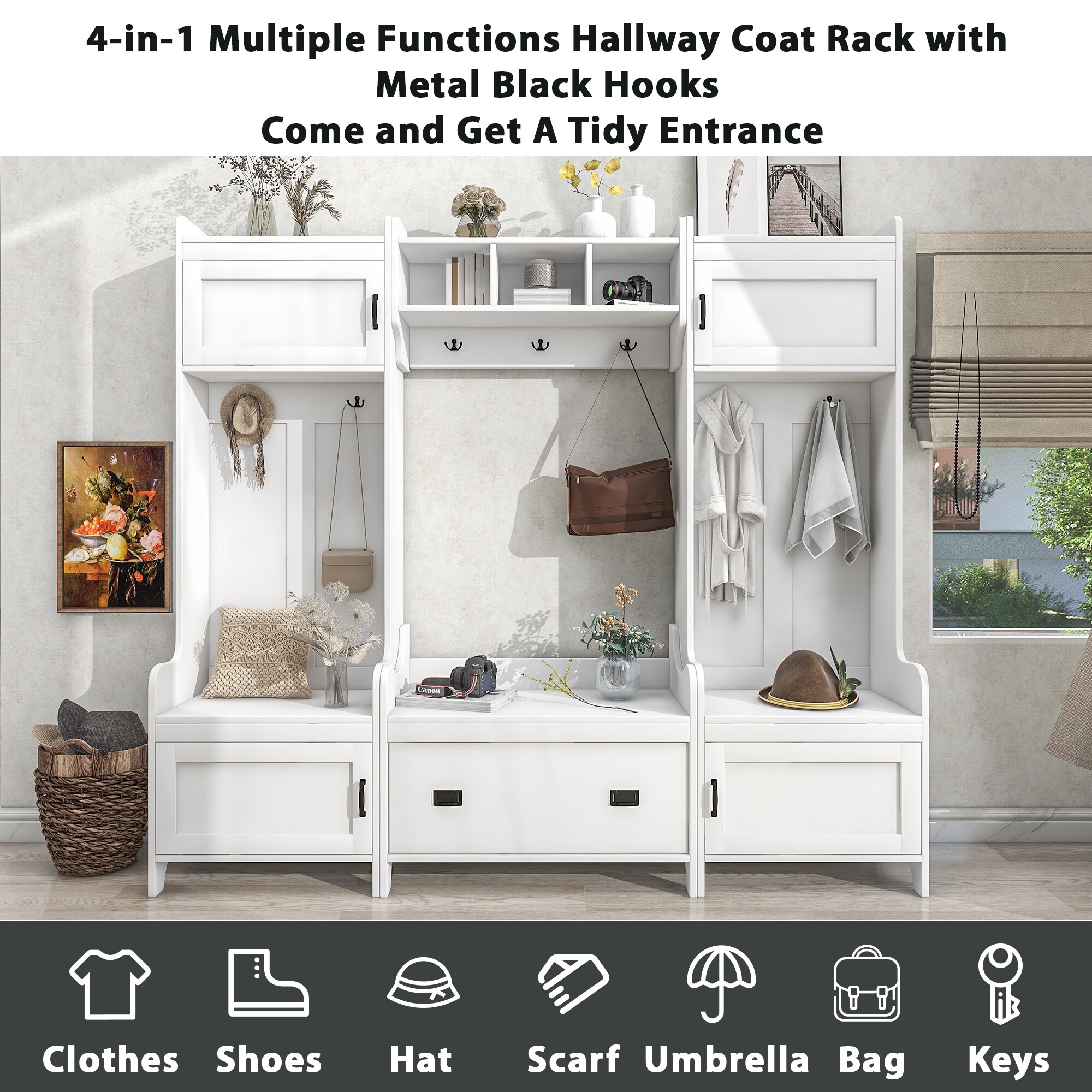 Hallway Coat Rack with Seven Metal Hooks Entryway Bench Hall Tree White