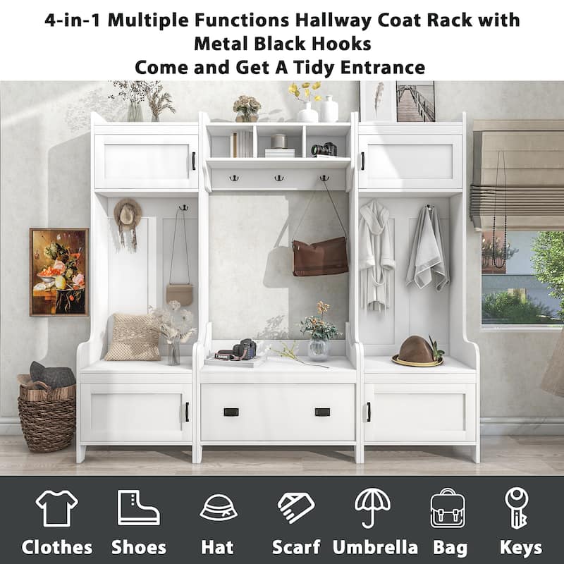 Modern 4-in-1 Hall Tree with Bench, 7 Metal Hooks, Storage Drawer & 4 Cabinets, Entryway Coat Rack Organizer