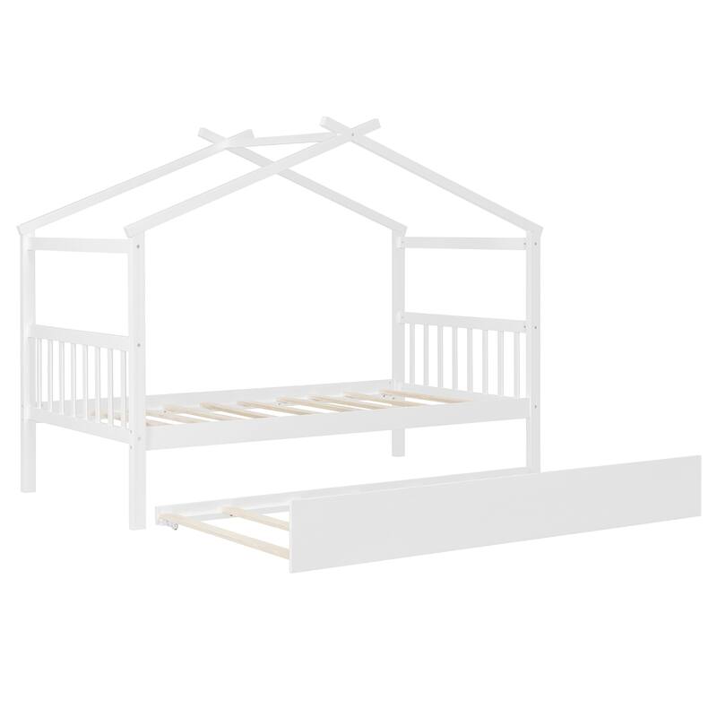 Roomfitters Twin Size Wooden House Bed with Trundle, Modern Playhouse Design with Guardrails
