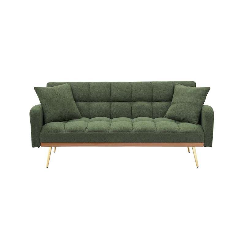 Futon Sleeper Sofa Bed Teddy Fabric Lounge Couch with 3 Speed Adjustable Back, Removable Armrest and Pillows for Small Space
