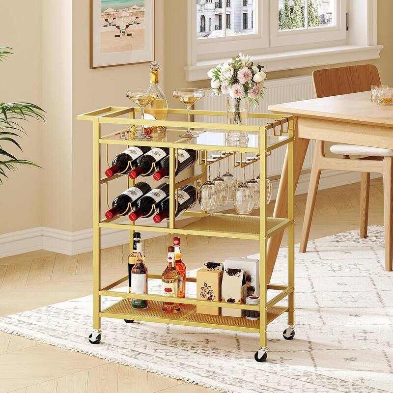 3-Tier Serving Cart with Wheels, Handle, Wine Rack, and Glass Holders