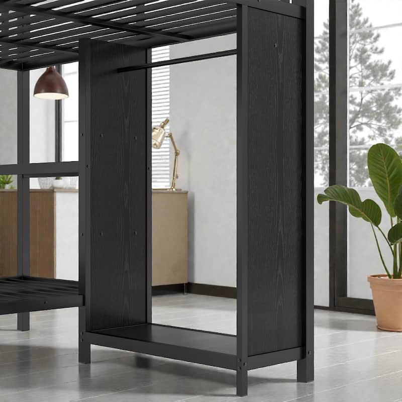 King Over Twin XL Metal Bunk Bed with Wardrobe and Desk, Space Saving Bunk Bed Frame for Small Rooms