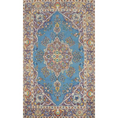 Hand Knotted Oriental 100% Wool Carpet Traditional Floral Navy Blue & Blues Tabriz Area Rug - 9' 6'' X 6' 7''