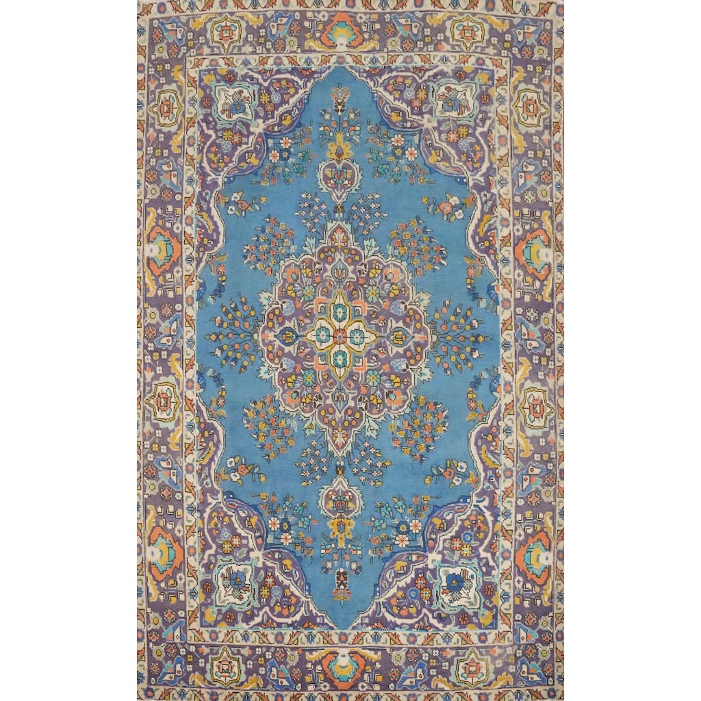Hand Knotted Oriental 100% Wool Carpet Traditional Floral Navy Blue & Blues Tabriz Area Rug - 9' 6'' X 6' 7''