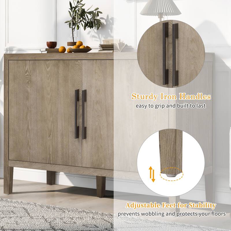 47.2" Farmhouse Wooden Sideboard with Ash Veneer, Double Doors & Iron Handles, Retro Buffet Storage Cabinet