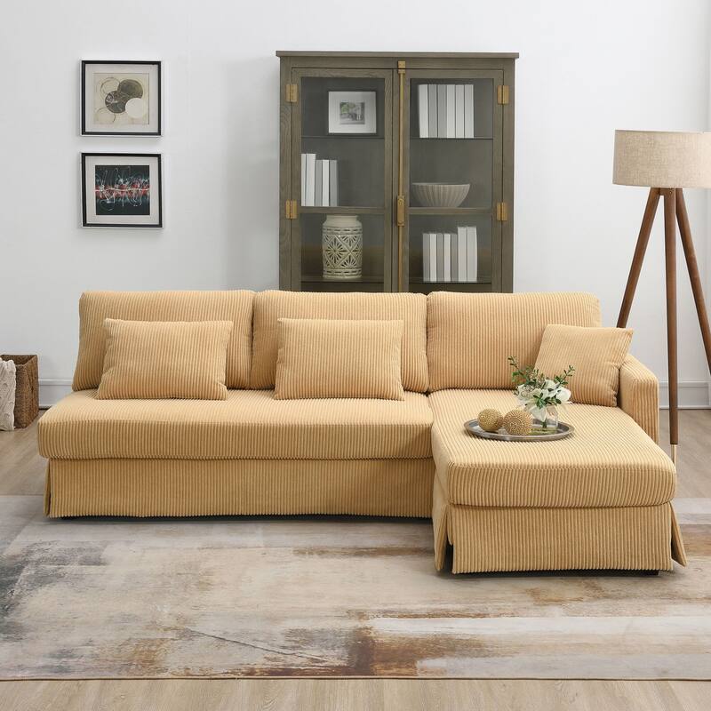 Oaks Aura Modern L-shaped Corduroy Sofa with Reversible Chaise, Upholstered Sectional Convertible Sleeper Couch with Pillows