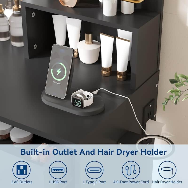 2 DrawersMakeup Vanity Desk Set with Mirror, Lights, Open Storage Shelves