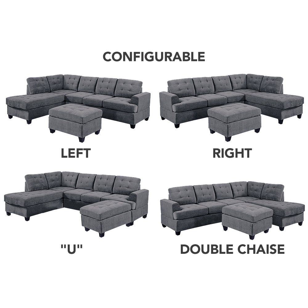 Reversible 3 Piece Microfiber Suede Sectional Sofa With Ottoman