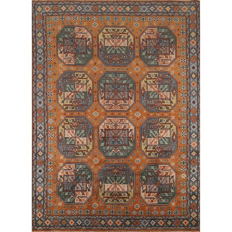 Orange Geometric Khotan Oriental Area Rug Hand-Knotted Wool Carpet - 8'0"x 10'1"