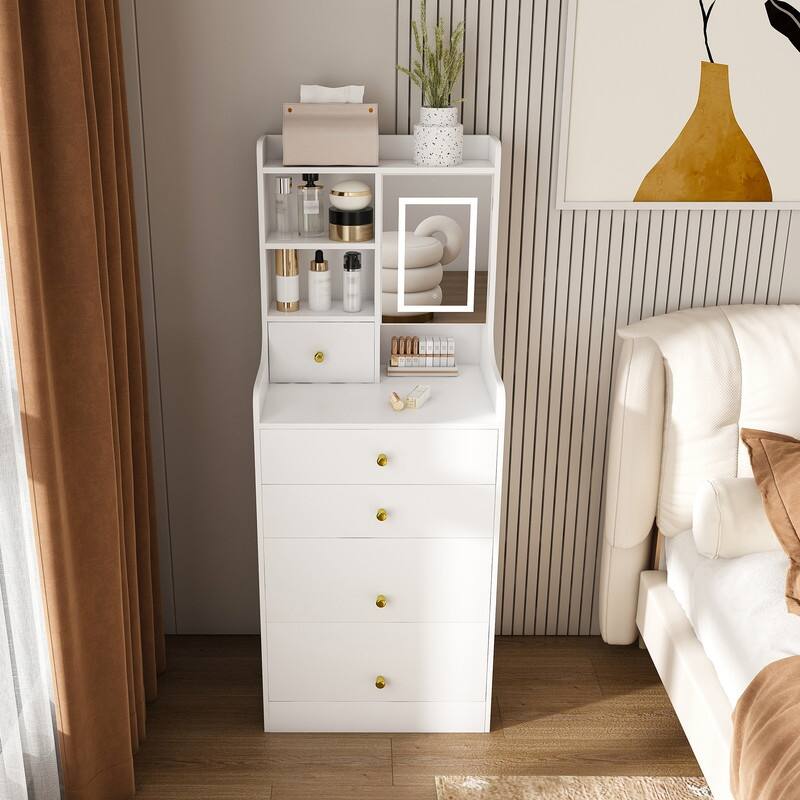 3-in-1 Dressing Table with LED Mirror & Storage Stool - Compact Makeup Vanity with 4 Drawers, Storage Cabinet & Hidden Stool