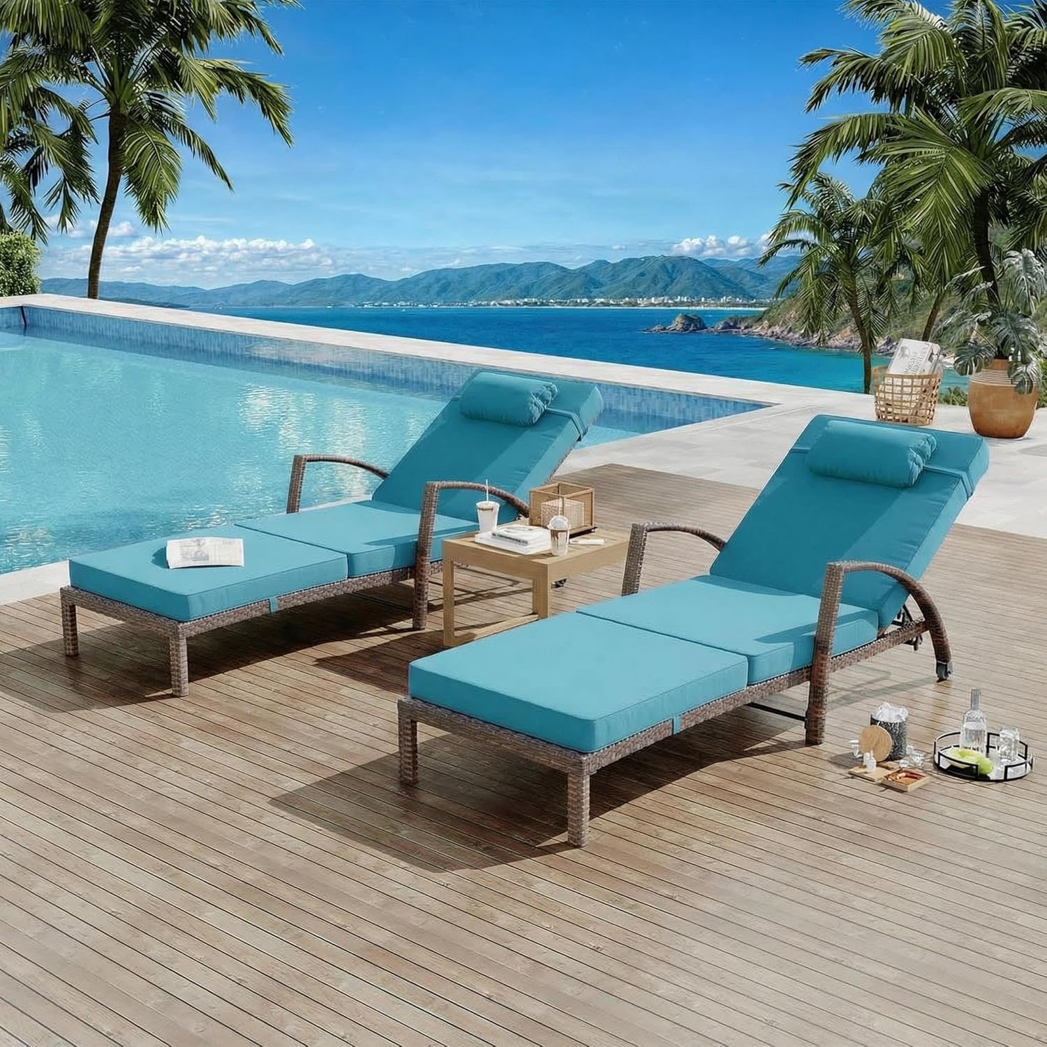 2-Piece Rattan Patio Folding Chaise Lounge, Outdoor Lounge Chair with Cushion and Pillow - 85"D x 28.94"W x 20.28"H