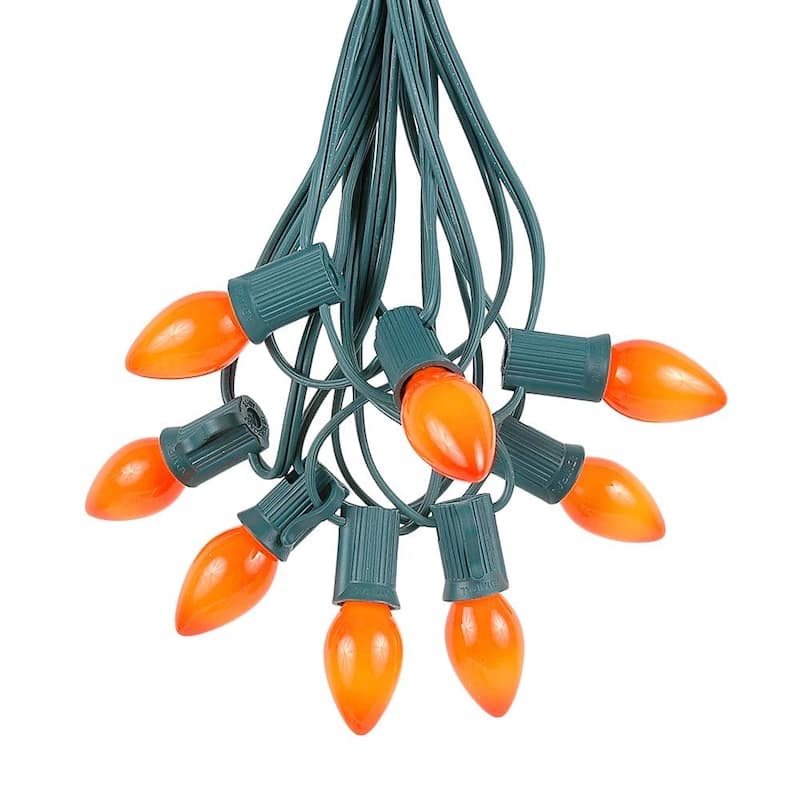 25 Foot C7 Ceramic Christmas Light Set, Hanging String Lights, Green Wire - Orange