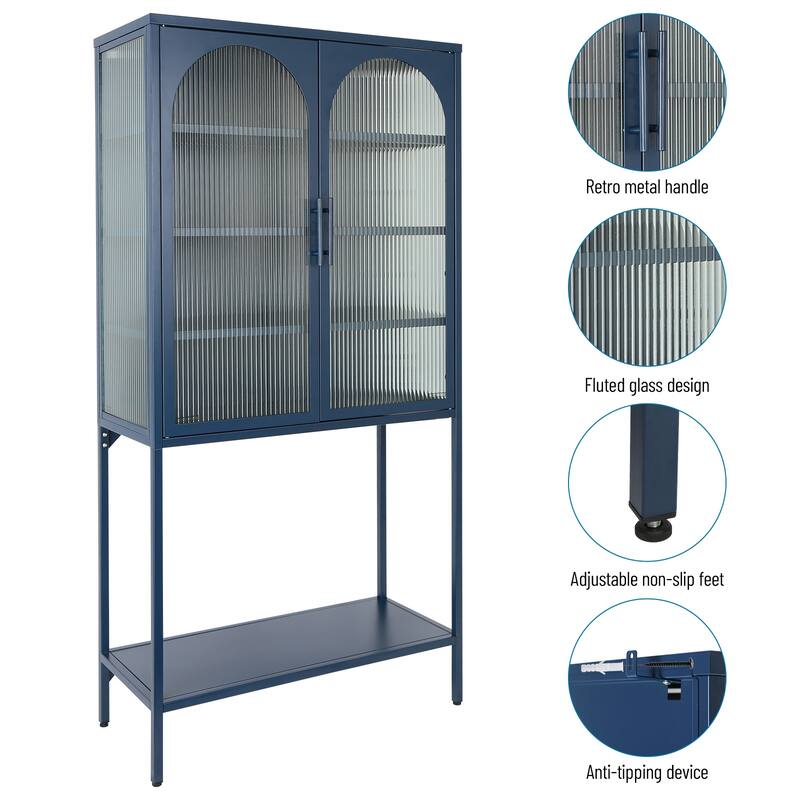 Elegant Floor Cabinet with 2 Glass Arched Doors Living Room Display Cabinet with Adjustable Shelves Anti-Tip Dust-free