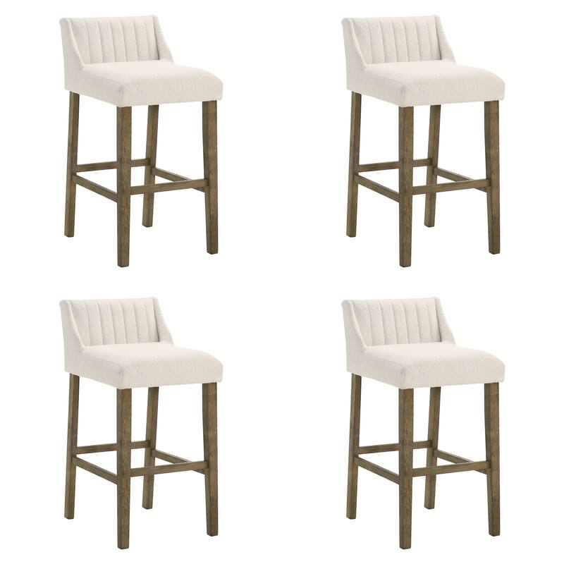 Fauna Low-Back Boucle Bar Stool, Upholstered Counter Height Kitchen Barstool with Wood Legs - Set of 4 - Putty Brown - Bar Height