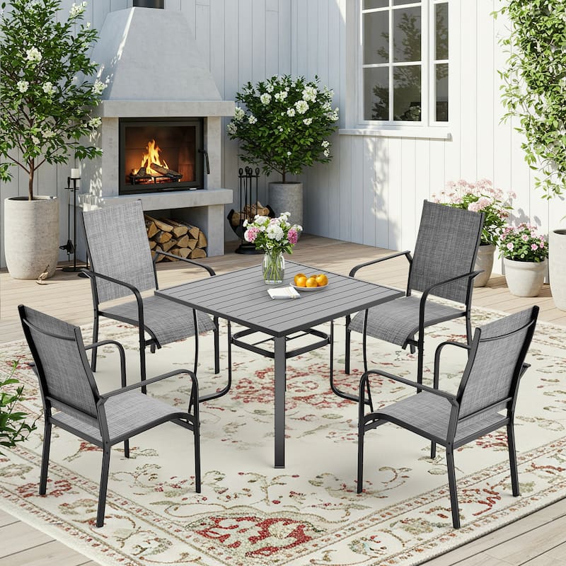 5/7/9-Piece Outdoor Patio Dining Set with Stackable Textilene Chairs and Slatted Table, Furniture with Adjustable Umbrella Hole