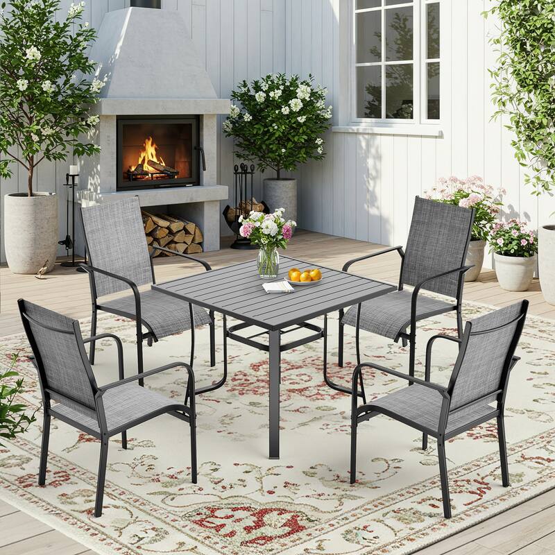 Patio Dining Set, Outdoor Dining Table and Chairs Set with Textilene Chairs, Adjustable Umbrella Hole for Garden, Backyard
