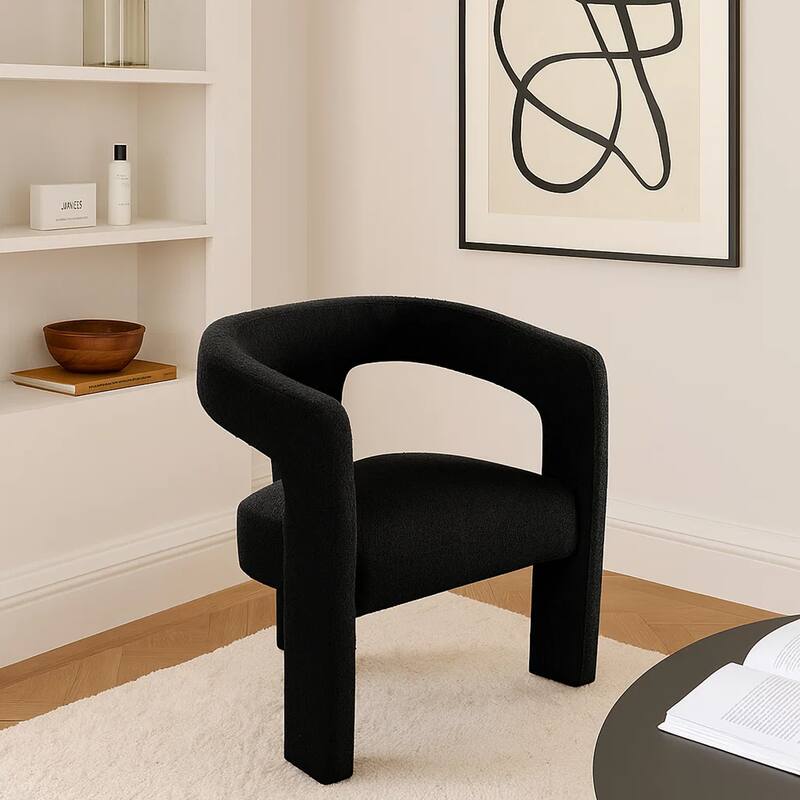 Gely Dining Accent Chair, Open Curved Back w Tripod Base, Black Boucle