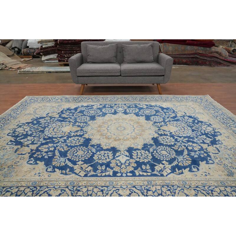 Hand Knotted Oriental 100% Wool Carpet Traditional Floral Navy Blue & Blues Kerman Area Rug - 10' 2'' X 7' 5''