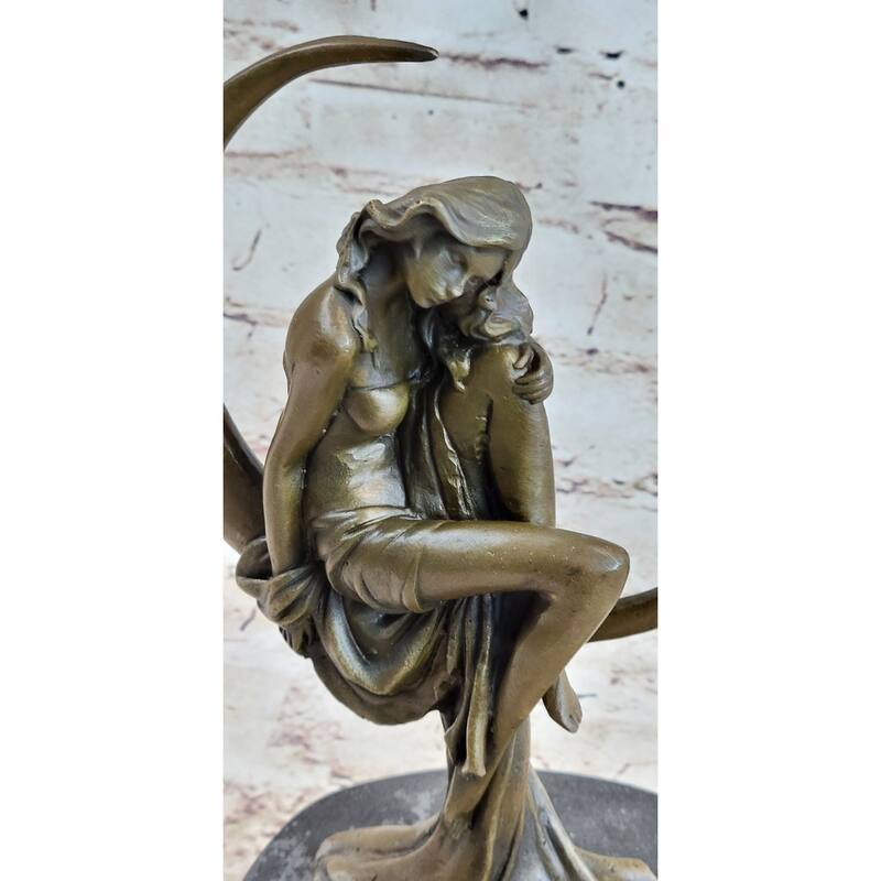 High Life Girl On Crescent Moon Bronze Statue Sculpture Figure 9 Inches X 6 Inches