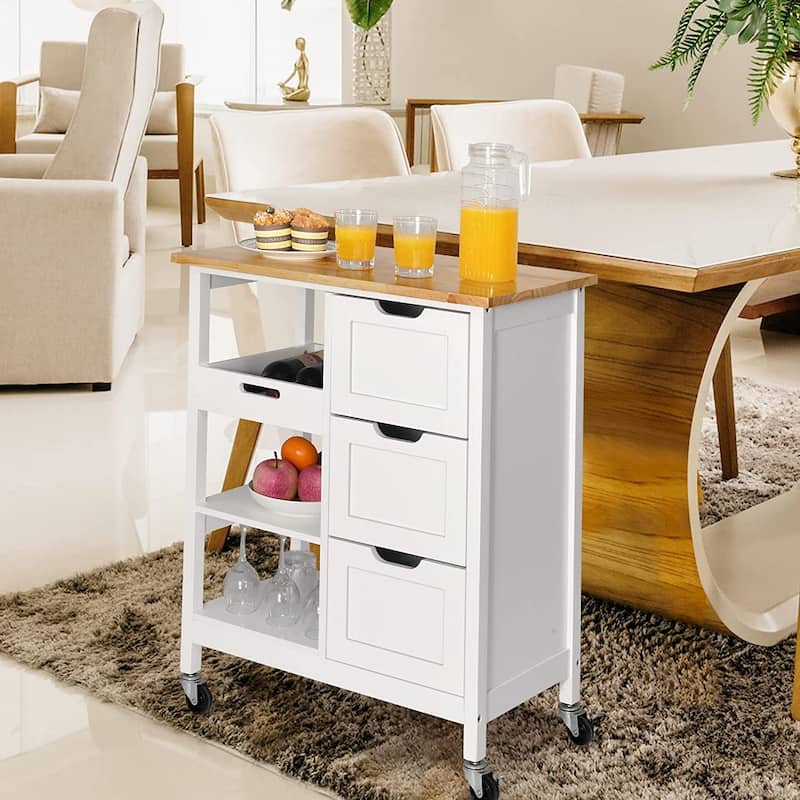 Kleio Solid Wood Top Kitchen Island Storage Cart with 3 Drawers Rolling Serving Trolley Cart
