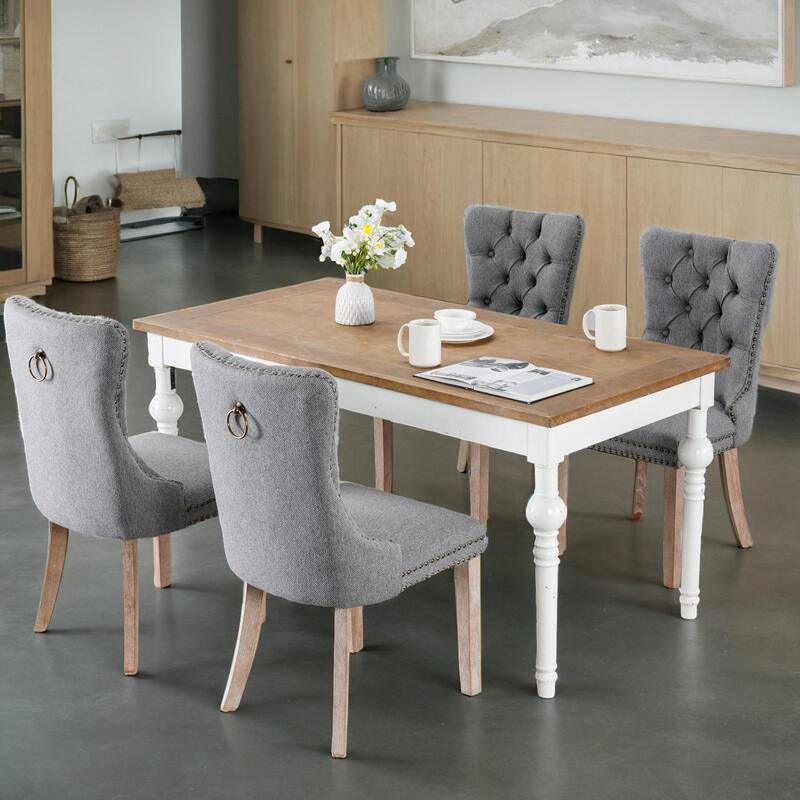 High-end Tufted Solid Wood Contemporary Flax Upholstered Linen Dining Chair with Wood Legs Nailhead Trim 2-Pcs Set,Gray
