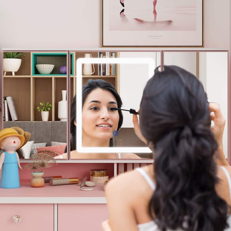Spacious Vanity Desk with Mirrored Storage Cabinets - A Beauty Oasis