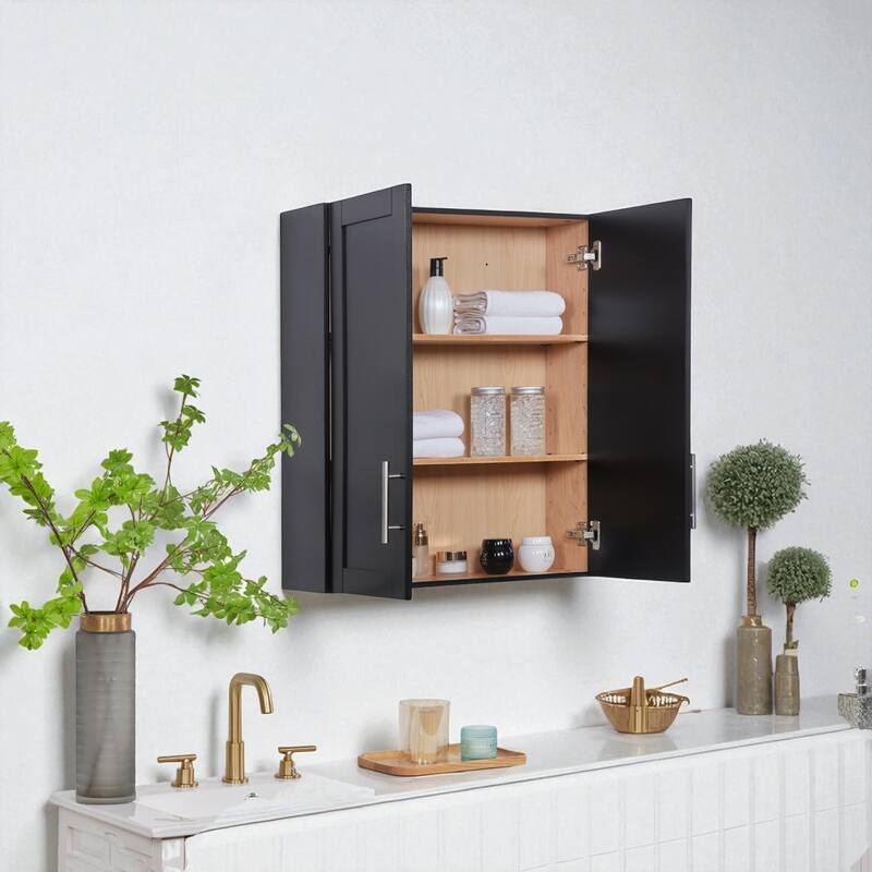 Wall-Mounted Wood Cabinet with 2 Doors and Adjustable Shelves for Bathroom or Kitchen Storage