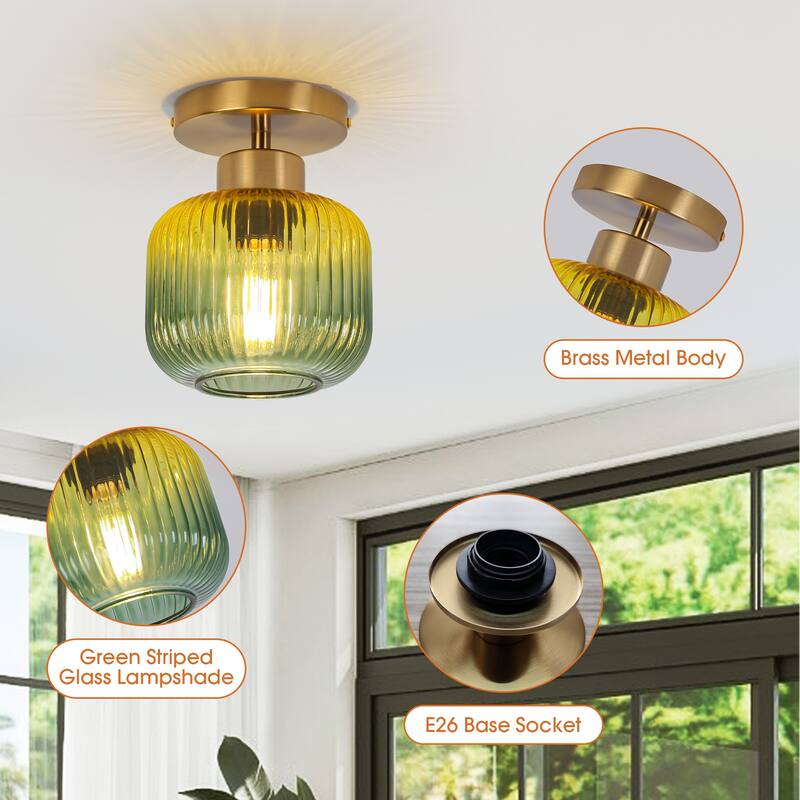 5.9" Wide Vintage Gold Semi Ceiling Light Flush Mount with Green Glass - D 5.9" x H 7.7"