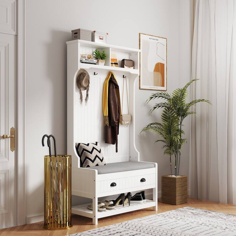 3 in 1 Hallway Hall Tree with 2 Storage Drawer and 4 Coat Rack