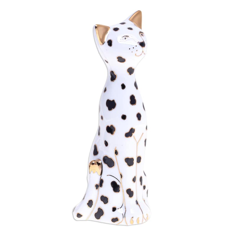 Novica Handmade Dalmatian Cat Porcelain Statuette