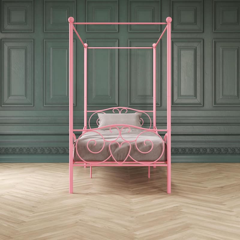 Whimsical Heart-Design Canopy Metal Bed with Slat Support System