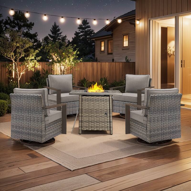 Pocassy 5-Piece Outdoor Swivel Chair with Fire Pit Table Set - Gray cushion - Gray Wicker