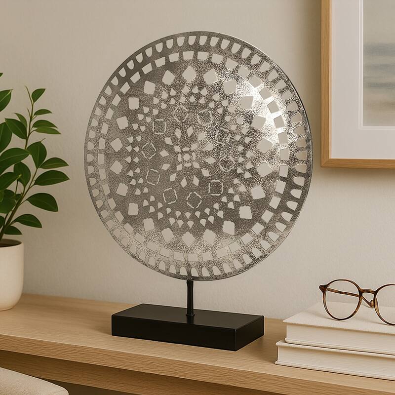 American Art Decor Distressed Silver Metal Medallion Sculpture