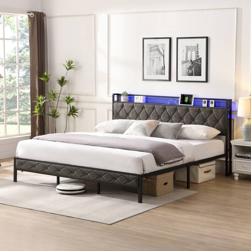 King Bed Frame with Storage Headboard, Charging Station, LED Lights, Upholstered Platform, Noise Free, Easy Assembly, Dark Gray