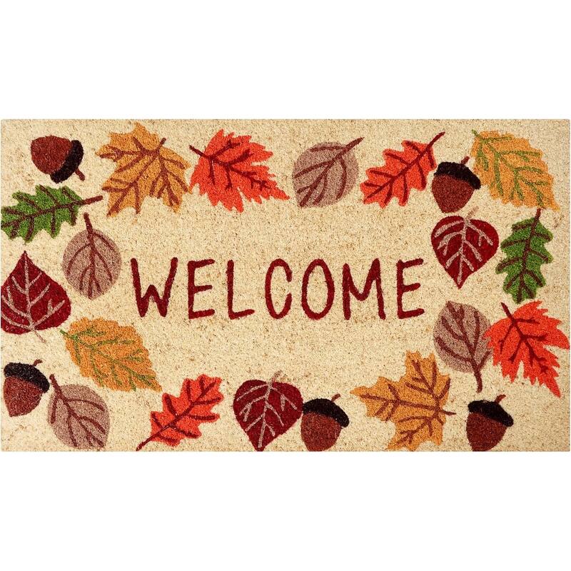 A1HC Natural Coco Coir Door Mat with Heavy Duty Non-Slip PVC Backing - 18" x 30" - Easy to Clean - Bleached Leaves Welcome