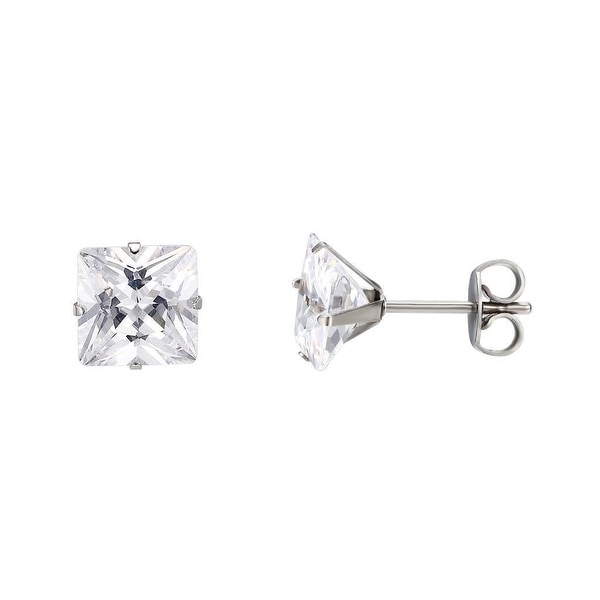 Princess Cut Mens Earrings Surgical Stainless Steel Solitaire Cubic Zirconia 5mm