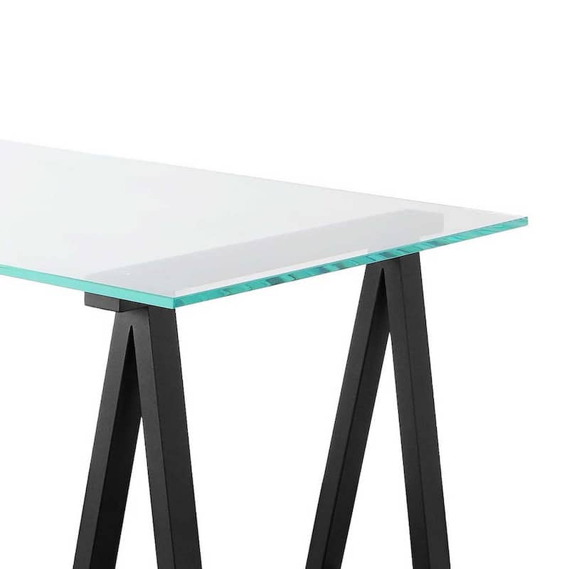 Rani 55 Inch Office Desk, Tempered Glass Top, Modern Black Steel Frame