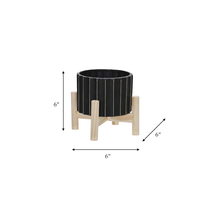 Sagebrook Home Black and Striped Planter with Wooden Base
