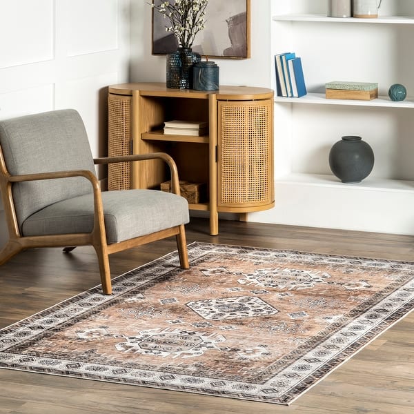 slide 2 of 26, Nuloom Evelina Traditional SplashGuard Machine Washable Area Rug 6' x 9' - Light Orange - Rectangle