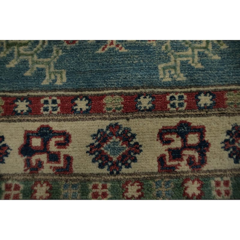Hand Knotted Oriental 100% Wool Carpet Traditional Geometric Navy Blue & Blues Kazak Runner Rug - 7' 11'' X 2' 8''