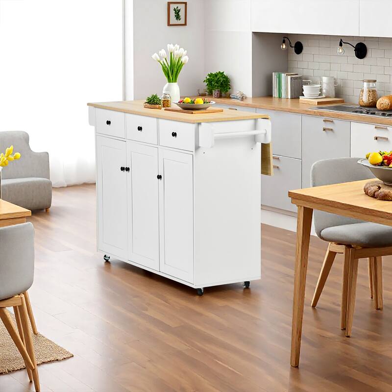 Homy Casa Oak White Kitchen Cabinet with Casters, 3 Drawers & 3 Doors