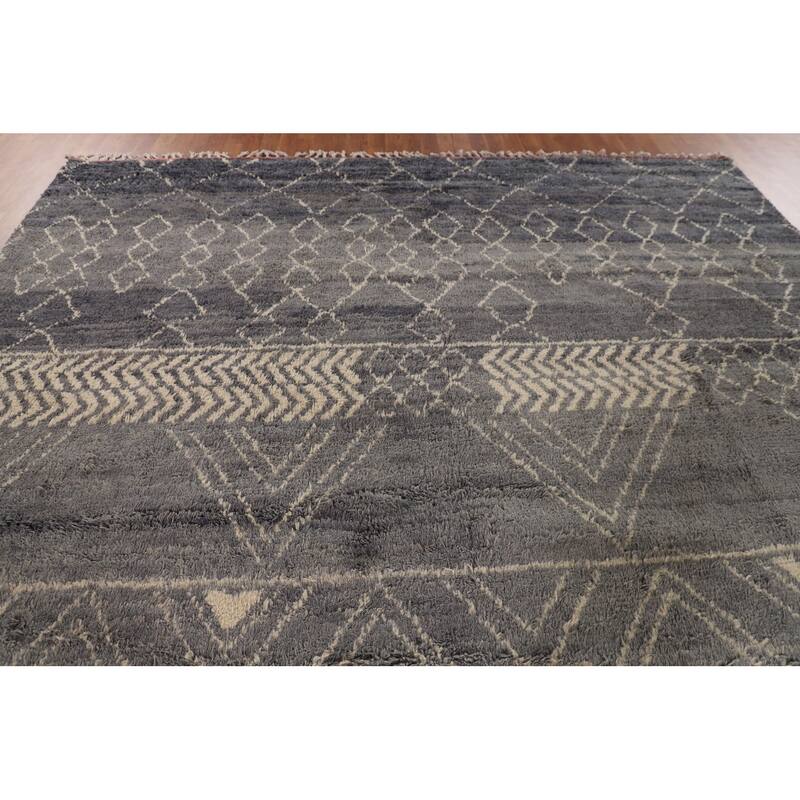Grey Trellis Moroccan Style Large Rug Hand-Knotted Wool Carpet - 9'11" x 14'7"