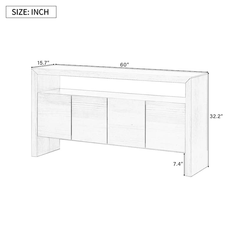 60" Modern Sideboard with 4 Doors‌ – Featuring Solid Wood Veneer, Open Shelf, Natural Wood Grain, and Spacious Storage.